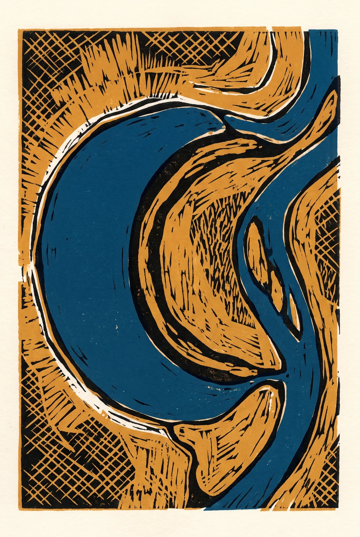 Cover of Slack Water: an oxbow lake seen from above, cut as a woodcut in blue, ochre and black.