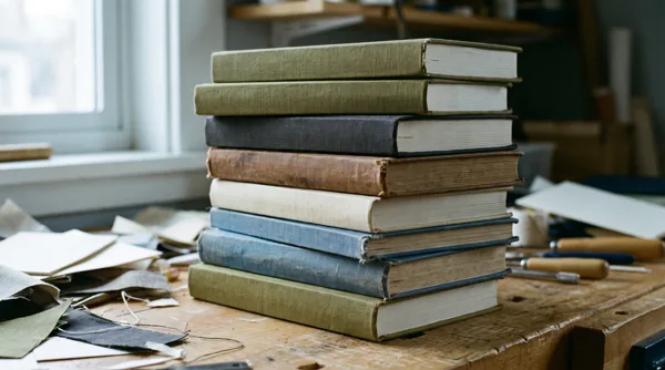 A year's eight hardbacks stacked on a paper-strewn bench in daylight.