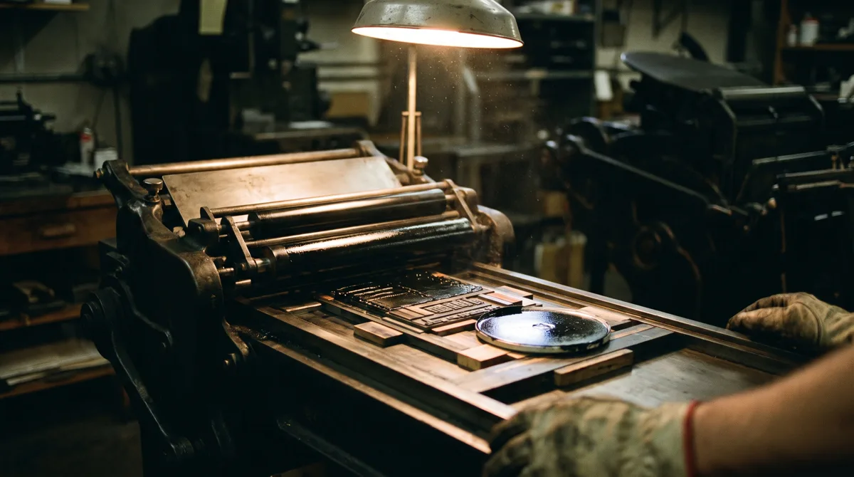 A letterpress platen with metal type locked in a chase, ink worked out on the disc above, under a warm work light.